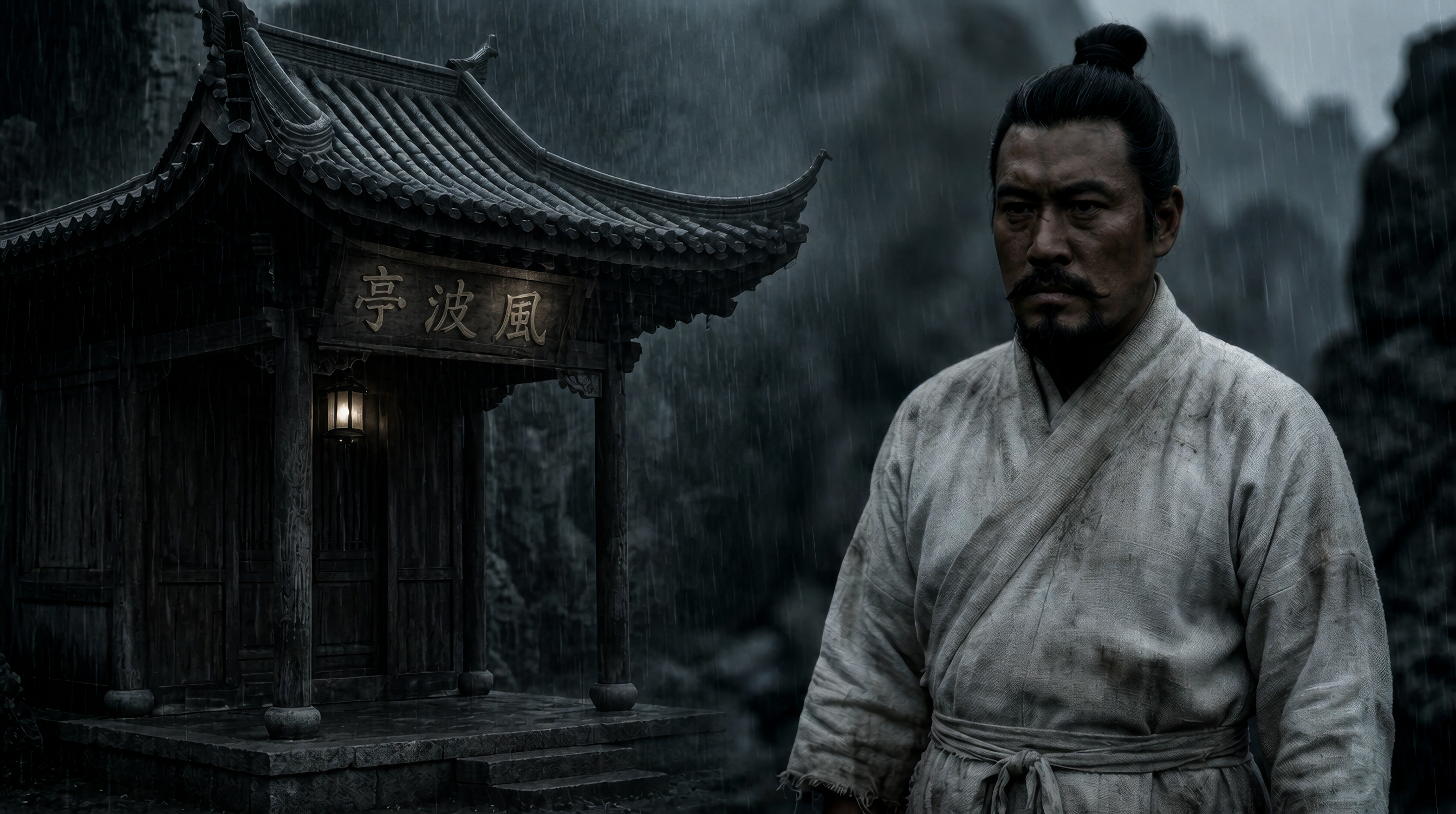 风波亭，莫须有 — the Fengbo Pavilion in rain where Yue Fei was executed on a charge of three characters, AI film still, Aurora Artscape