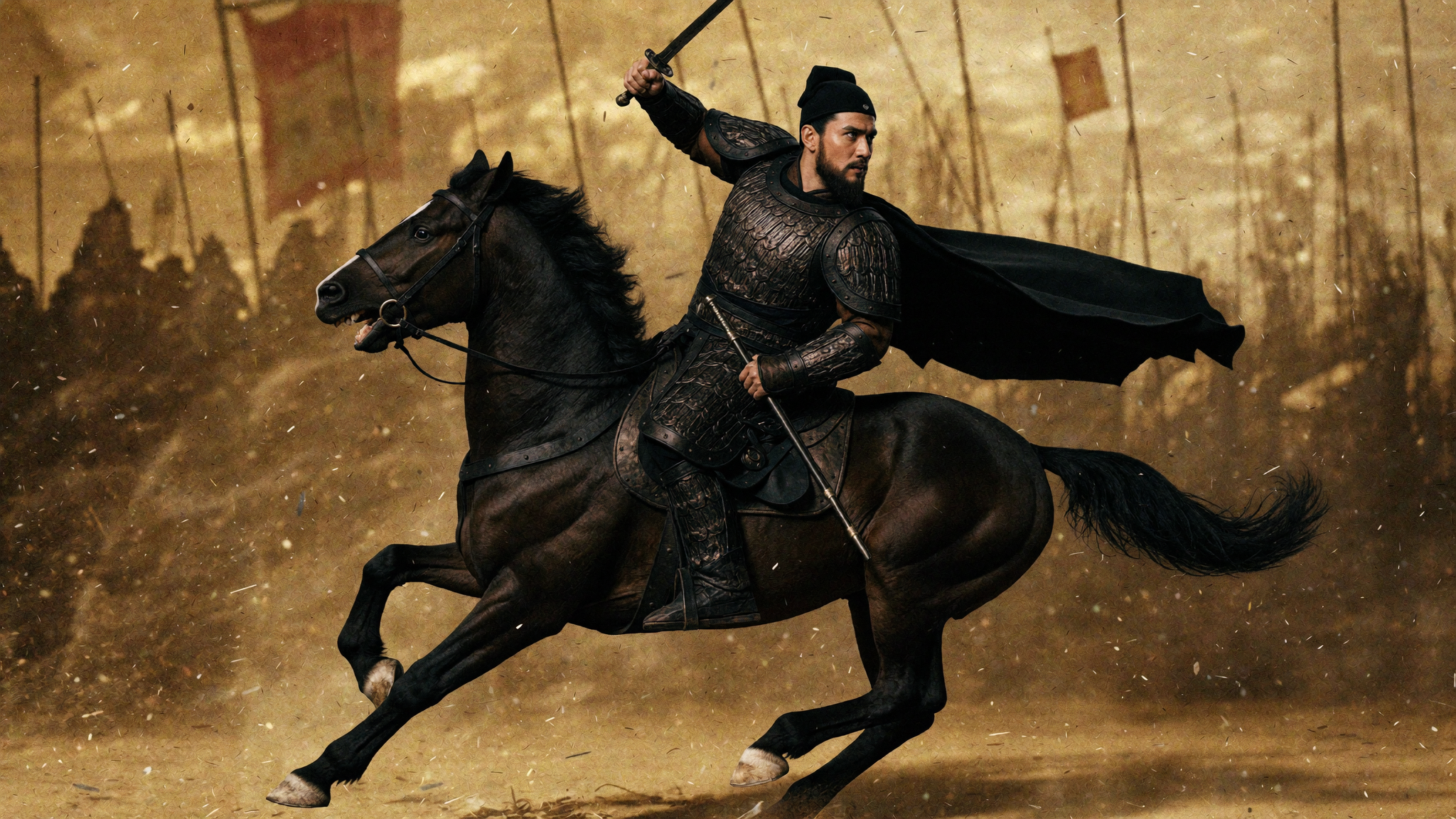 项羽与乌骓马 巨鹿之战 — Xiang Yu and his black warhorse Wuzhui at the Battle of Julu, AI film still, Aurora Artscape