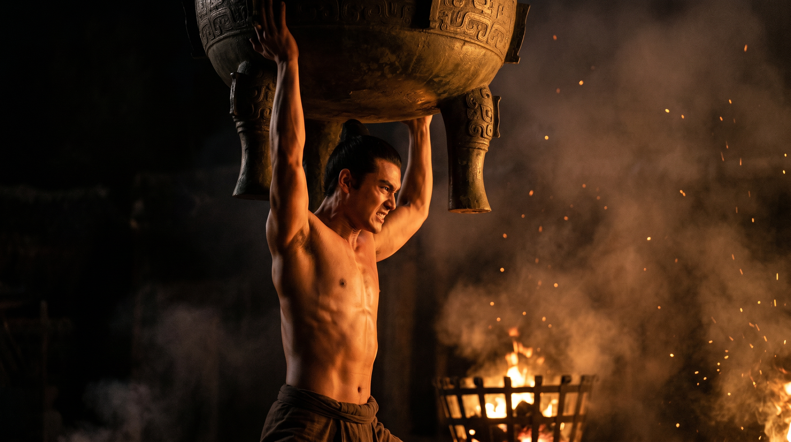 少年项羽举鼎 — Young Xiang Yu lifting the bronze cauldron, AI film still, Aurora Artscape