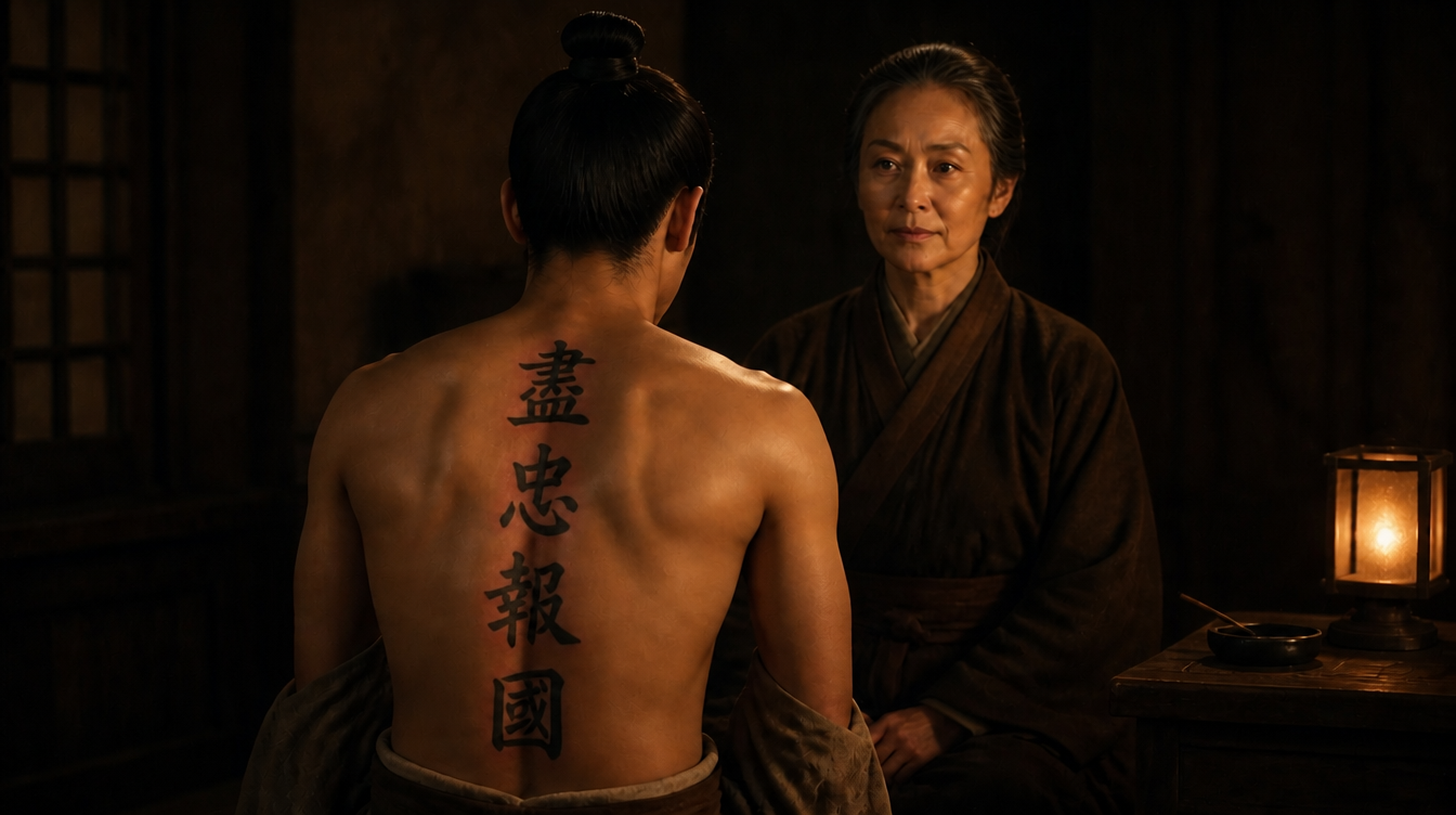 岳母刺字 尽忠报国 — Yue Fei's mother tattoos the four characters on his back, AI cinematic film still, Aurora Artscape 极光艺廊