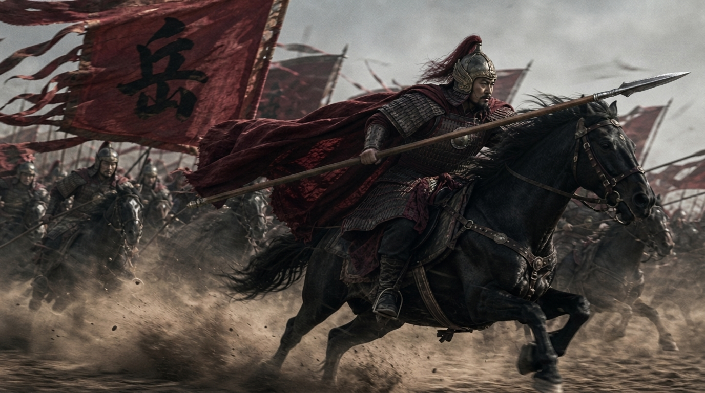 岳飞朱仙镇冲阵，岳家军战旗 — Yue Fei charges at Zhuxian Town under the Yue banner, AI cinematic still, Aurora Artscape
