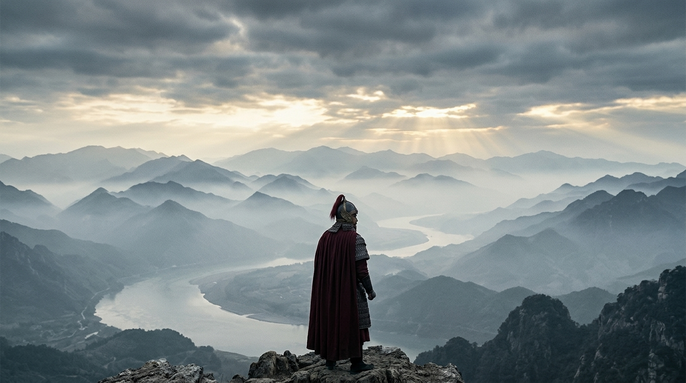 岳飞独立山河之前，待从头收拾旧山河 — Yue Fei alone before the rivers and mountains, closing frame, AI cinematic still, Aurora Artscape