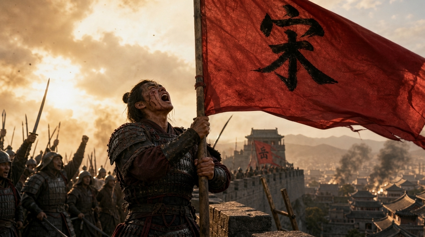 宋军收复城池，宋字战旗高举 — the Song banner raised over a retaken city, Yue Fei's northern campaign, AI film still, Aurora Artscape